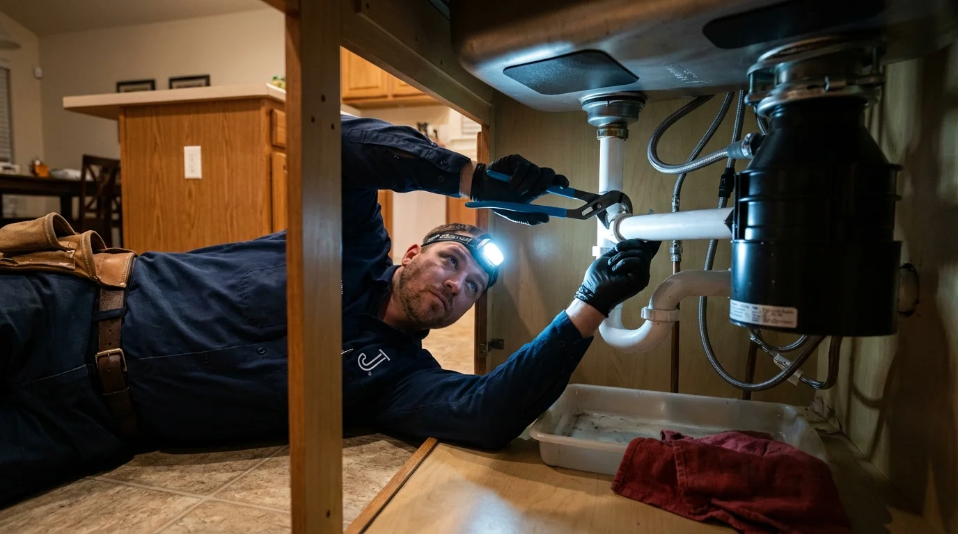 P-trap and supply line connections under a kitchen sink showing a common leak point in Dyersburg, TN